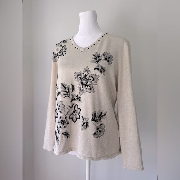 Vintage Y2K Alfred Dunner Cream & Black Floral Print Sequined V-Neck Sweater - Picture 2 of 6